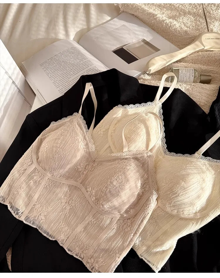 MOYISU French Lace Halter Bralette - Backless Wireless | Convertible & Removable Pads | White Comfort Bra for Daily/Evening Wear