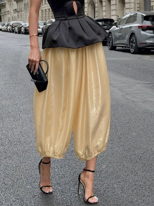Women's Shiny Satin Solid Loose Fit Lantern Pants Elastic Waist Trousers Casual High Waist Commute Puffy Balloon Streetwear