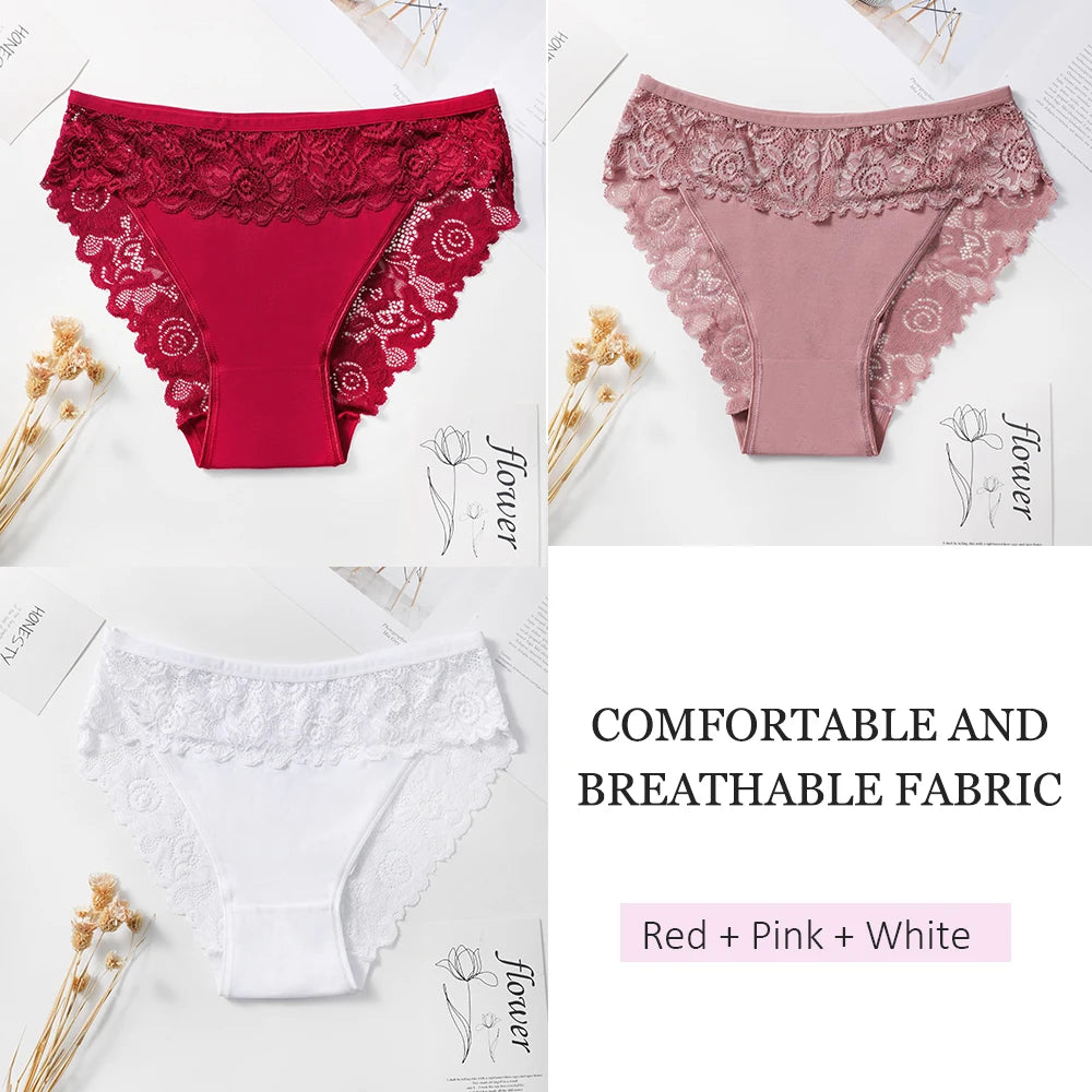 3PCS Women's Panties Sexy Hollow Out Flower Lace Cotton Splicing Briefs Comfort Lingerie Breathable Underpants Daily Wear
