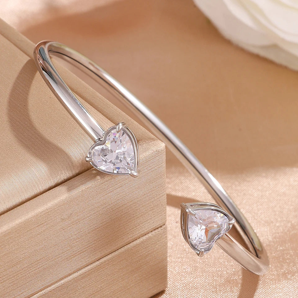 ZAKOL 3pcs/set 316 Stainless Steel Bracelets Shiny Heart Zircon Open Bangle Valentine's Day Stacked Wrist Jewelry Gifts
