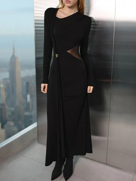 BKLD 2026 Autumn New Solid Color Fashion Button Metal Decoration Long Sleeve Waist Mesh Patchwork Black Dress Women Clothing