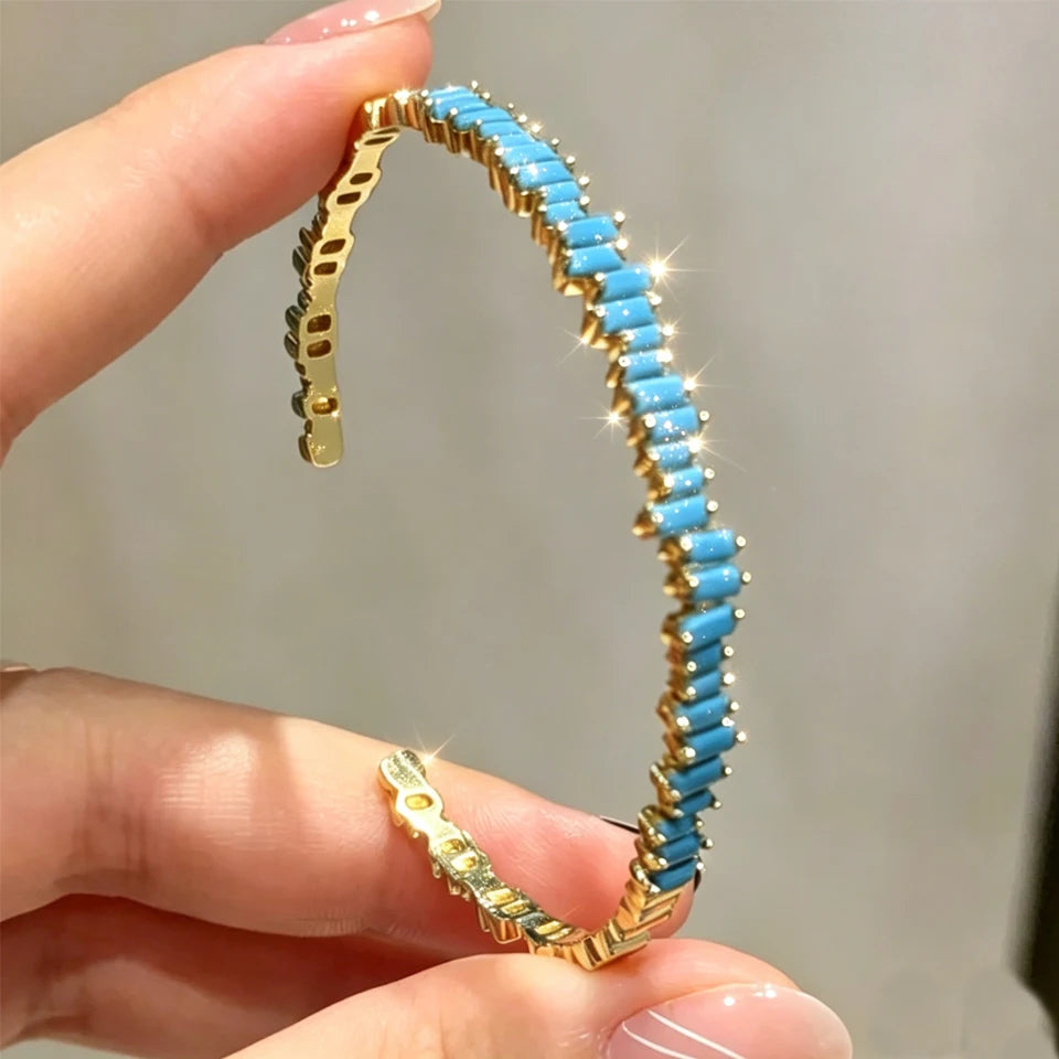 ZAKOL Fashion Shining Rectangle Zircon Cuff Bracelet for Women Personalized Turquoise Cubic Zirconia Bangle Party Jewelry