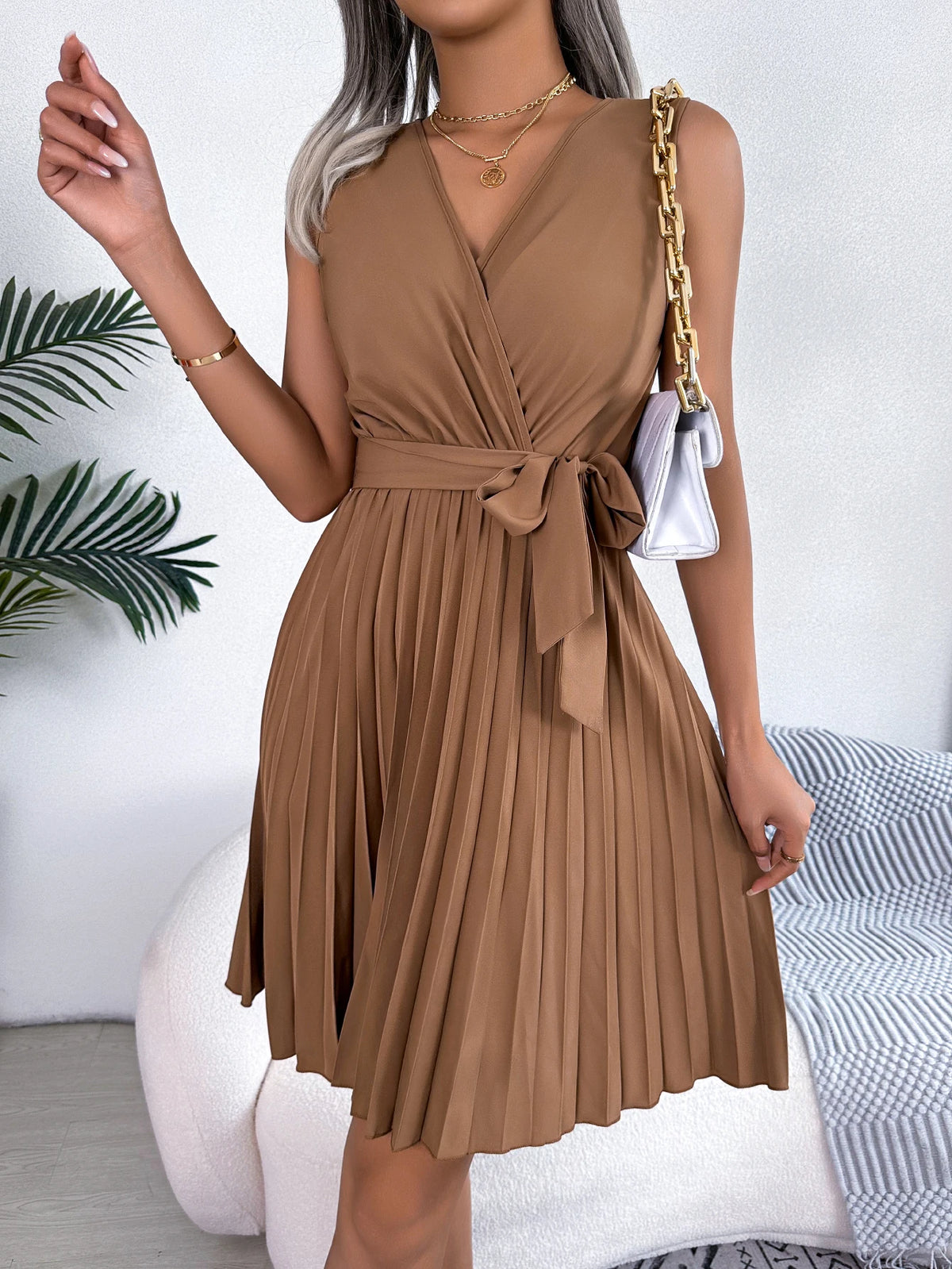Women Summer Casual V Neck Sleeveless Pleated Knee Length Dress Black Blue Brown Elegant Lace Up Woman Dresses