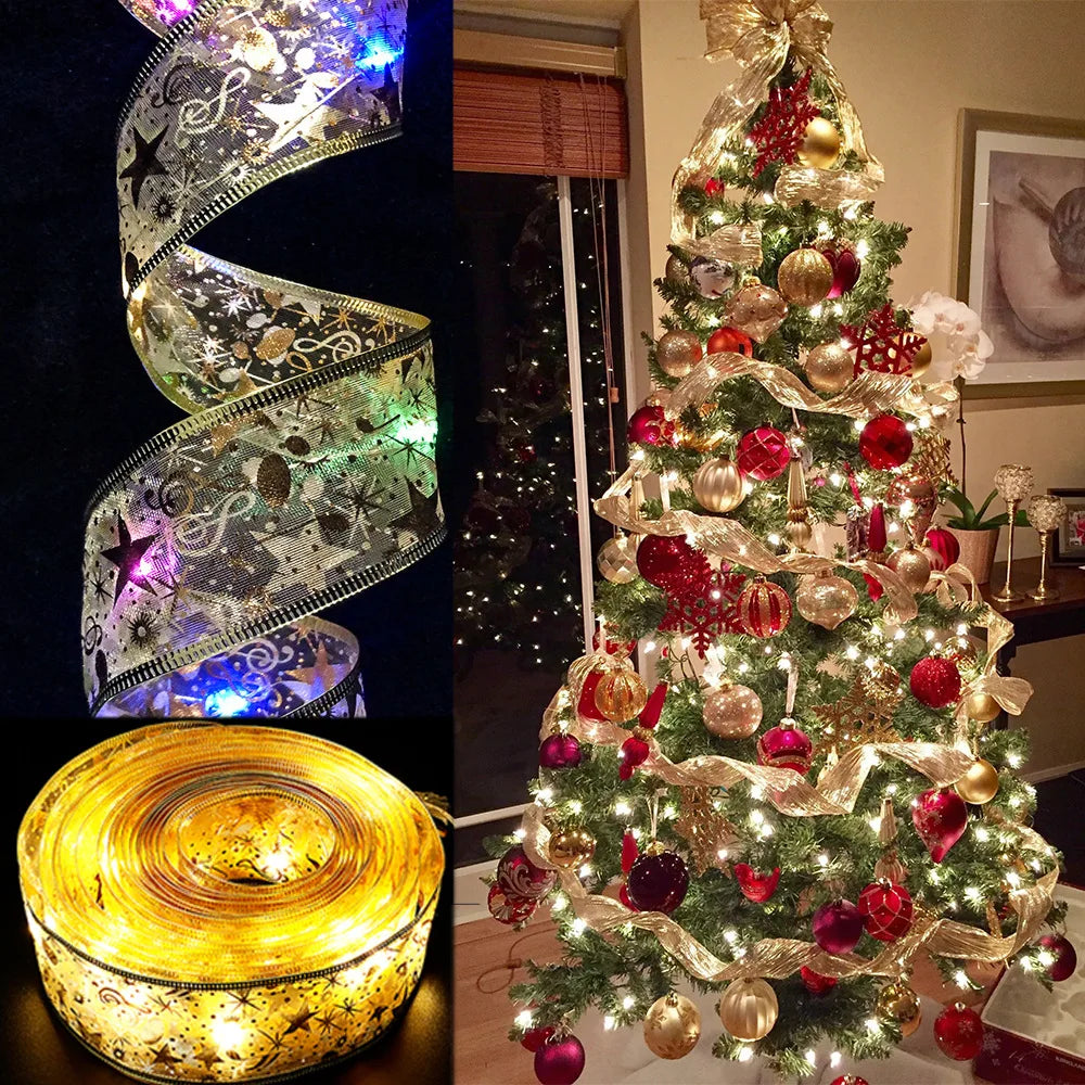 Christmas Decoration LED Ribbon Lights Christmas Tree Ornaments DIY Lace Bows String Light Navidad Home Decoration New Year 2025