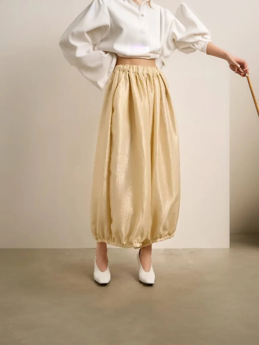 Women's Shiny Satin Solid Loose Fit Lantern Pants Elastic Waist Trousers Casual High Waist Commute Puffy Balloon Streetwear