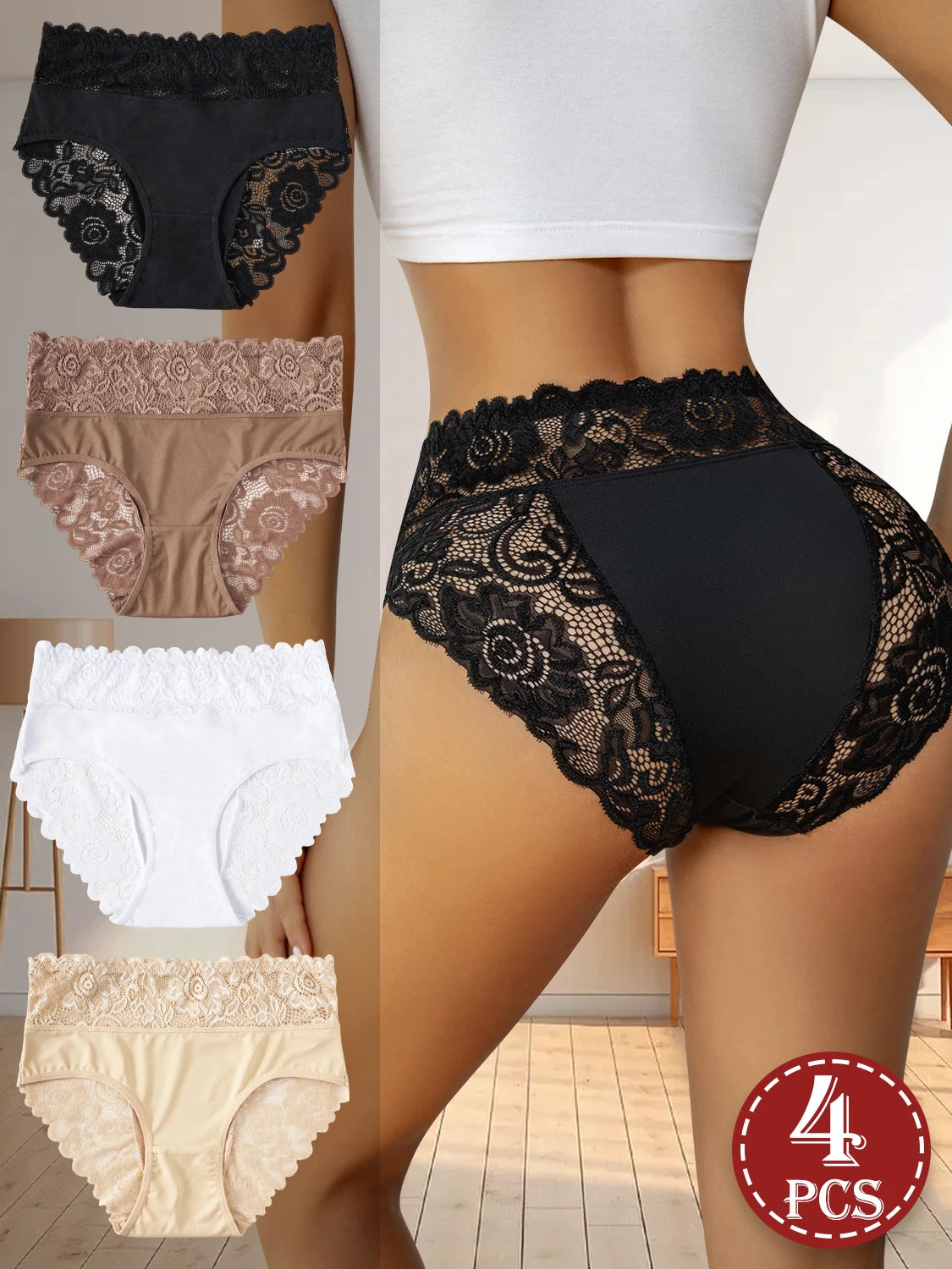 4PCS Women's Underwear Solid Color High Waist Panties Elegant Lace Floral Patchwork Briefs Comfortable Everyday Lingerie