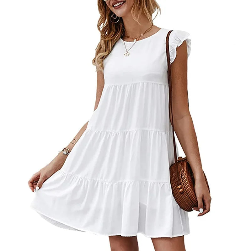 Women Elegant Ruffle Mini Dress Casual Solid O Neck Beach Party Sundress Simple Chic Loose Short Dress Vintage Harajuku Vestido