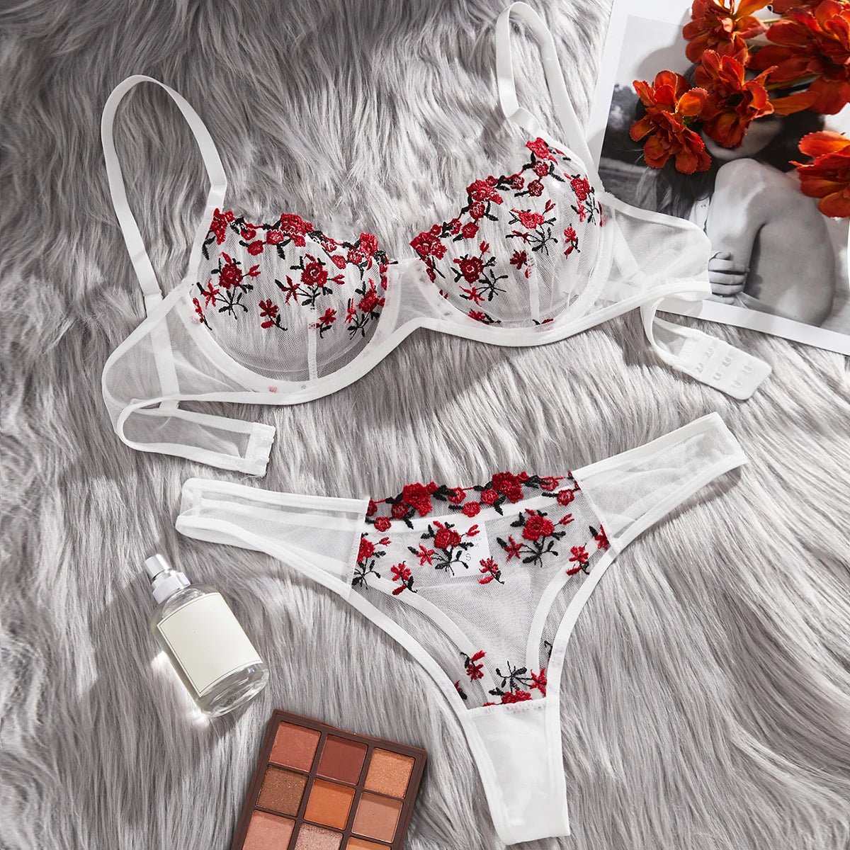 White And Red Floral Embroidery Bra Set Women's Half Cup Underwear Thin Breathable Thong 2-Piece Set Valentine's Day Gift