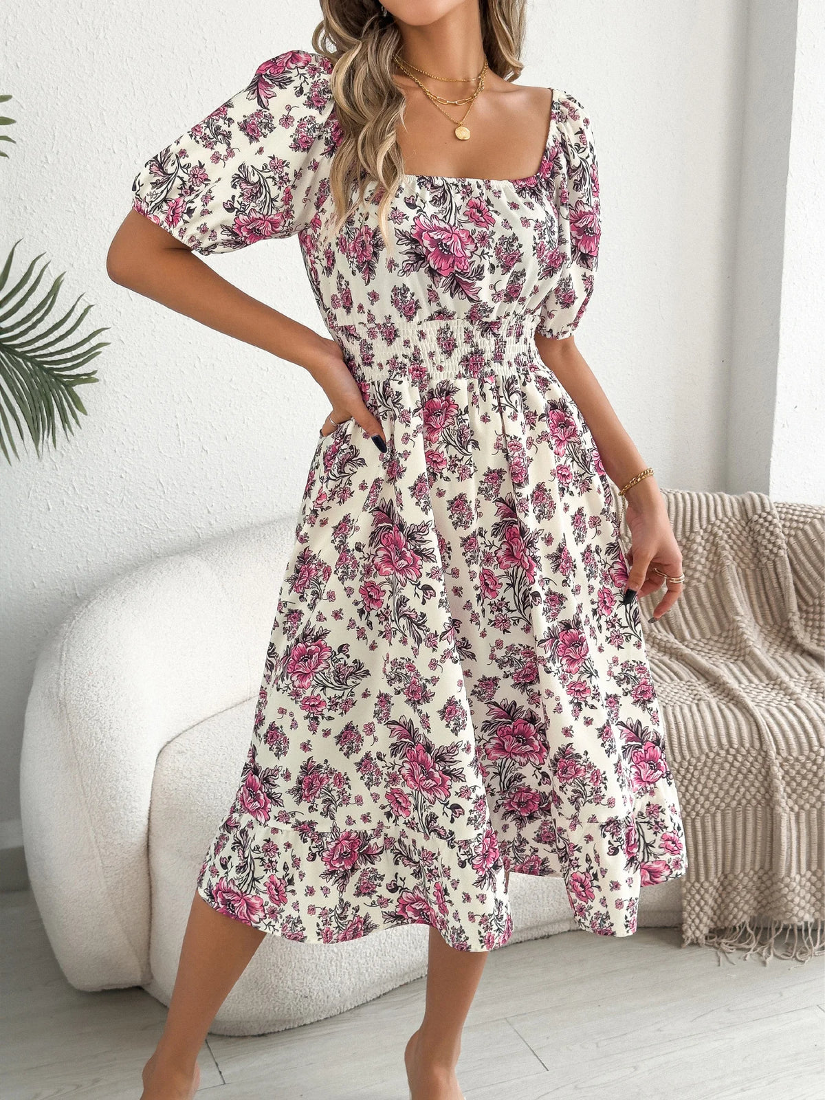 2026 Fashion Floral Print Dress for Women Spring Summer Casual Square Neck Short Sleeve Ruffled Long Dresses Woman Clothing