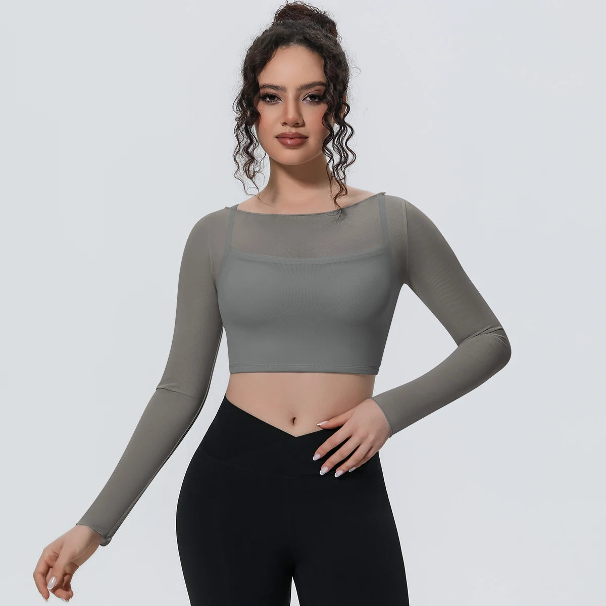 Woman Sports Yoga Long Sleeves Workout Top Solid Color False Two-piece Mesh Running Shirts with Chest Pad Summer Long Sleeves