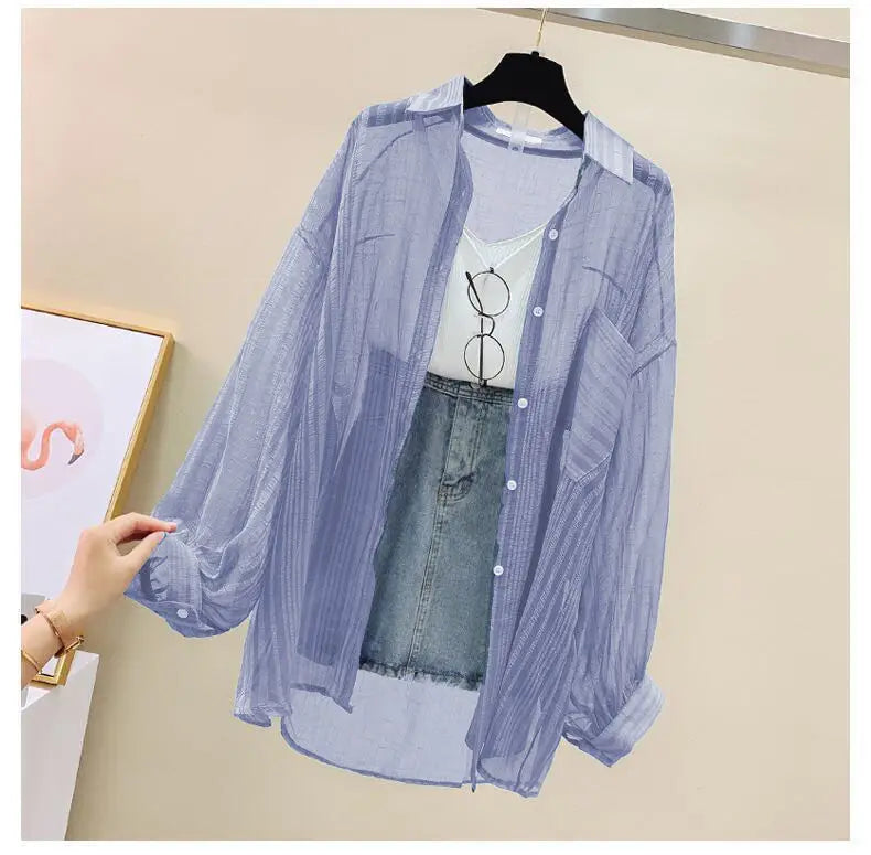 Summer Sunscreen Shirt Elegant Perspective Thin Chiffon Blouse Korean Harajuku See Through Loose Top Casual Women's Cardigan