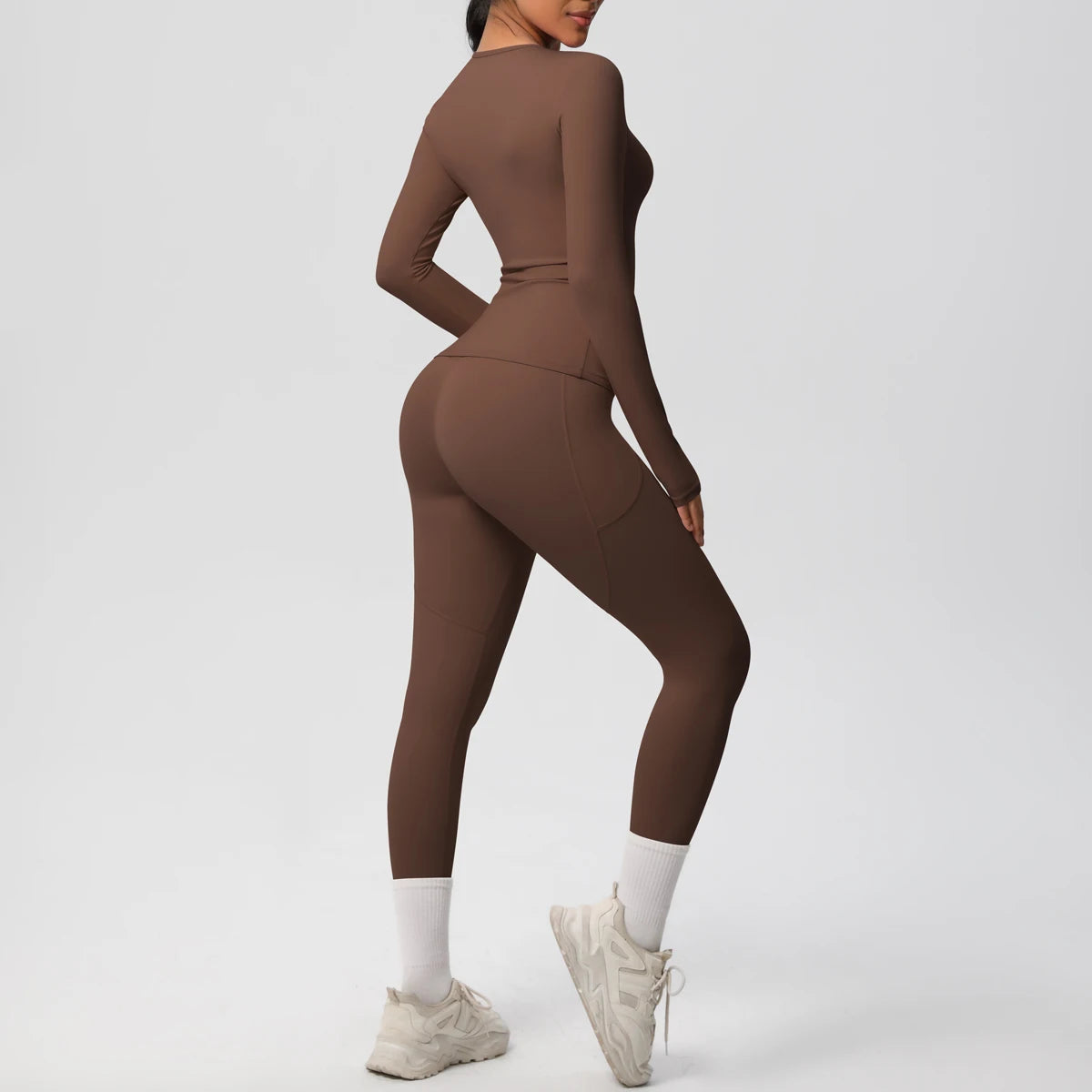 Summer 2PCS Women's Yoga Suit Solid Color High Stretch Slim Casual Long Sleeves Quick Drying Push Up Women Pockets Pants Set