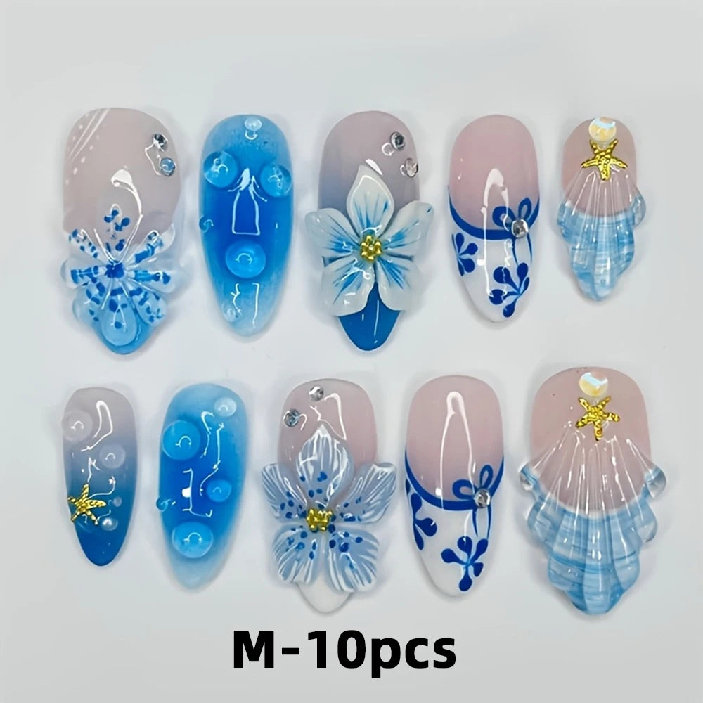 10Pcs Mid-length Almond Press on Nails 3D Leopard Print Gradient Blue Flower False Nails French Full Cover Fake Nails Tips