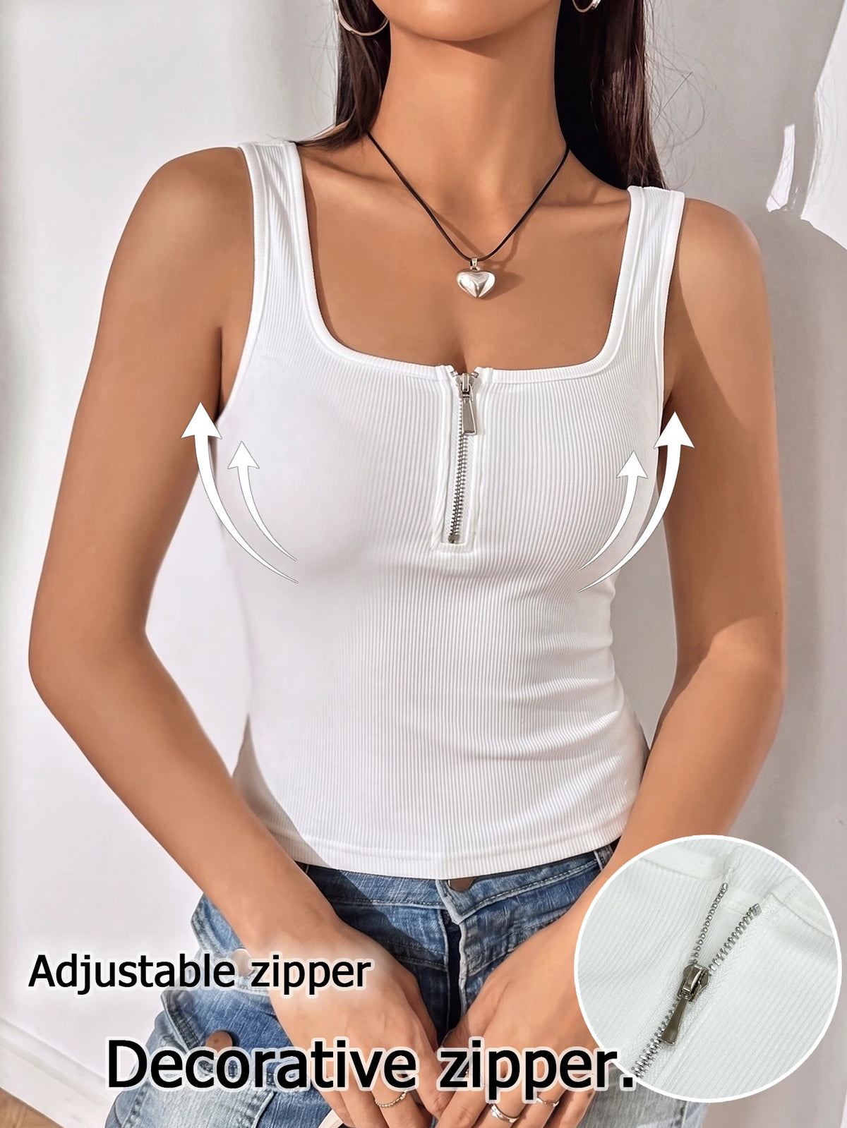 Solid Ribbed Women's Tank Top Decorative Zipper Camisole Slim Fit Casual Sleeveless Vest Top