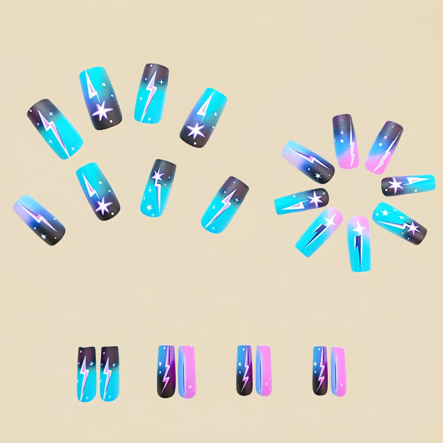 24pcs/set Medium fake nails for women girls gradient green blue cloud star lightning for summer full cover press on false nail