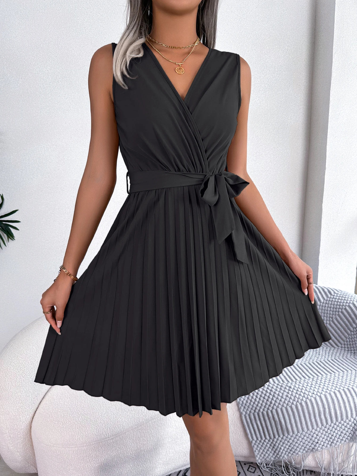 Women Summer Casual V Neck Sleeveless Pleated Knee Length Dress Black Blue Brown Elegant Lace Up Woman Dresses