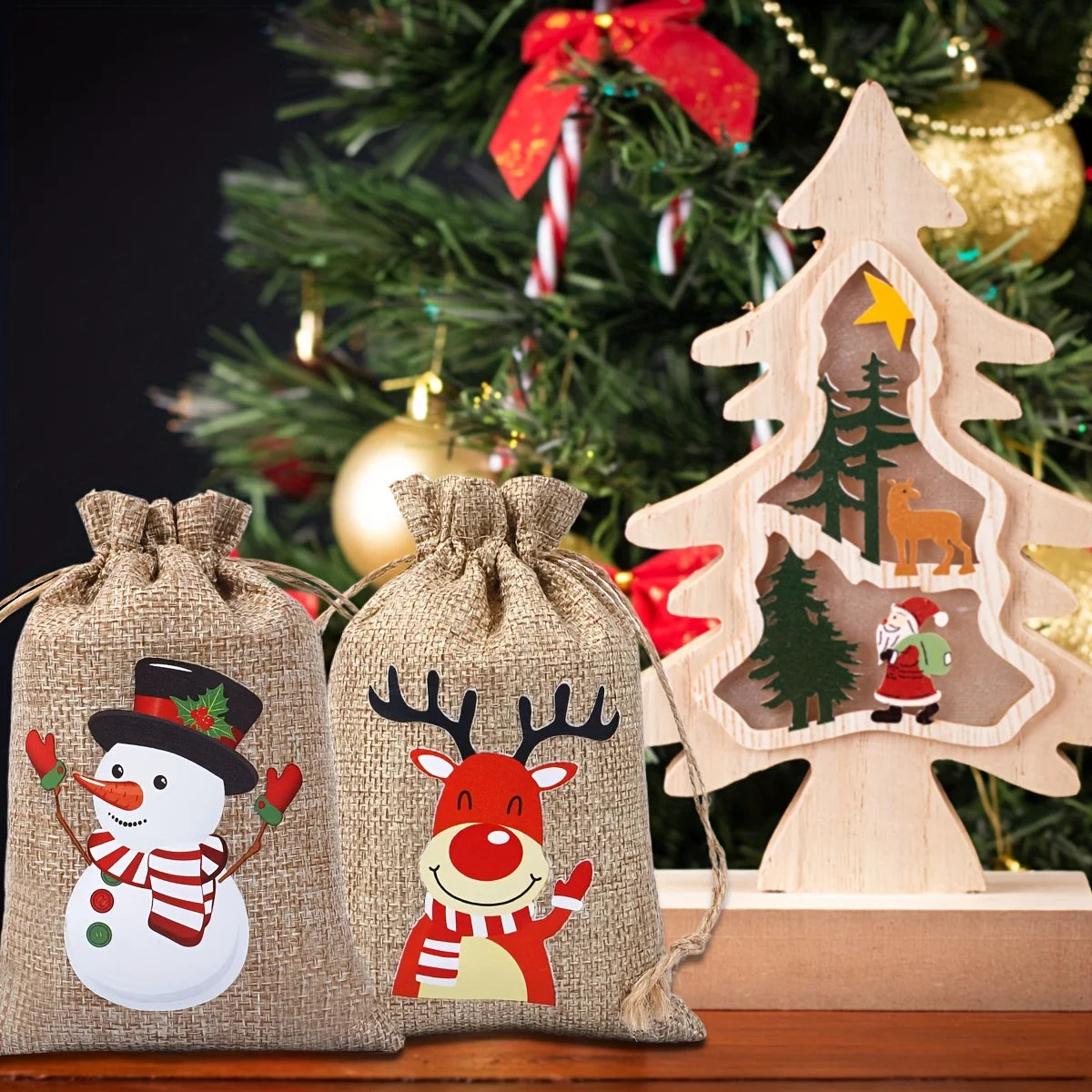 12/24Pcs Pack Christmas Gift Wrapping Bags with Drawstring Closure -for Small Trinkets, Apples, Candies,Gift for Holiday Parties