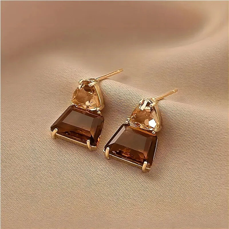 Trendy Cubic Zirconia Copper Drop Earrings For Women Girls Brown Crystal Pendant Earring Party Birthday Daily Jewelry
