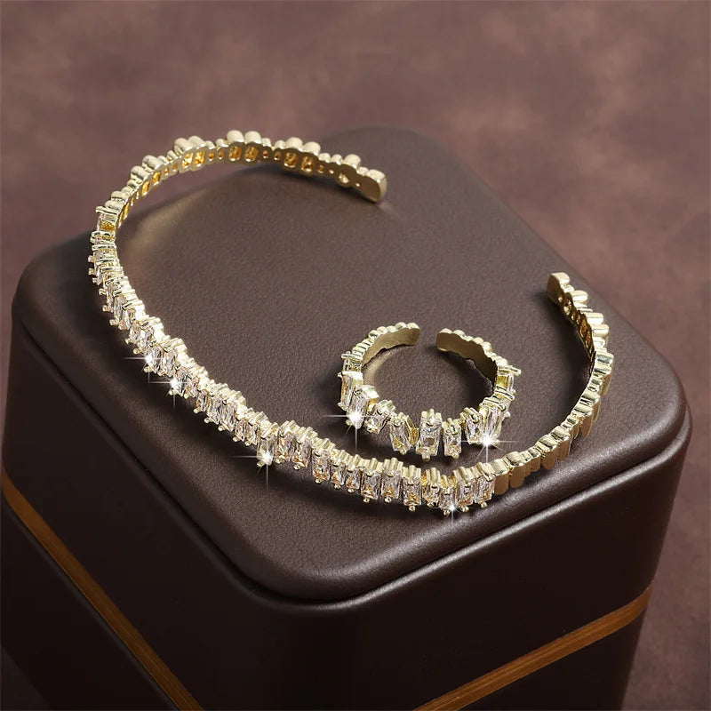 ZAKOL Fashion Adjustable Open Bangle Ring Wedding Jewelry Sets for Women Elegant Shiny AAA Cubic Zirconia Accessories Gift