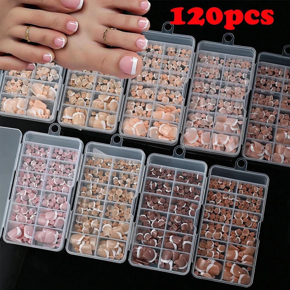 120Pcs French Tips False Toe Nails Short Square Nude/Pink/Brown Fake Toe Nails Wearable Acrylic Full Cover Press on Toenails
