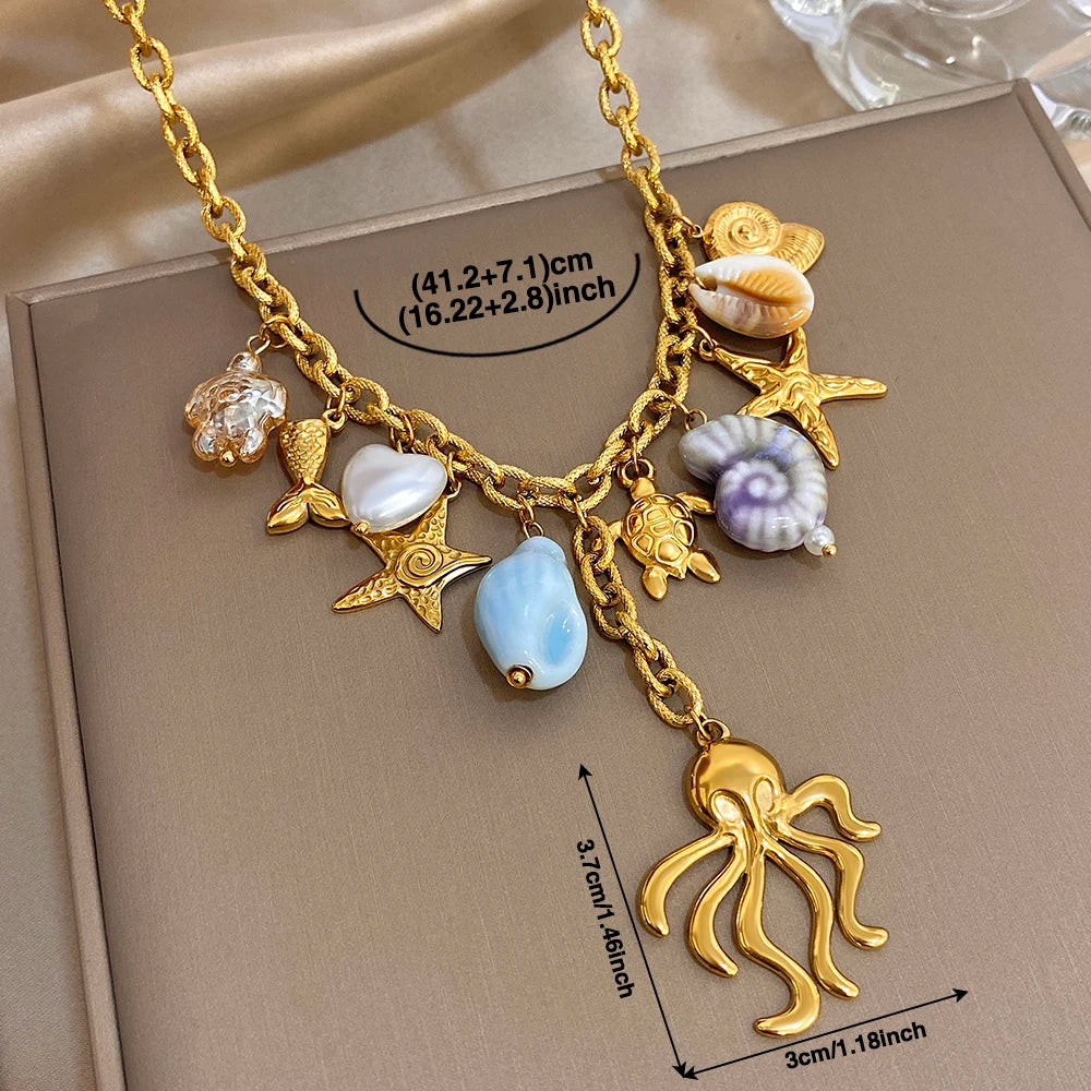 New Trend Chunky Stainless Steel Shell Starfish Turtle Charm Necklace Octopus Pendant Statement Gold Color Fashion Jewelry Gift