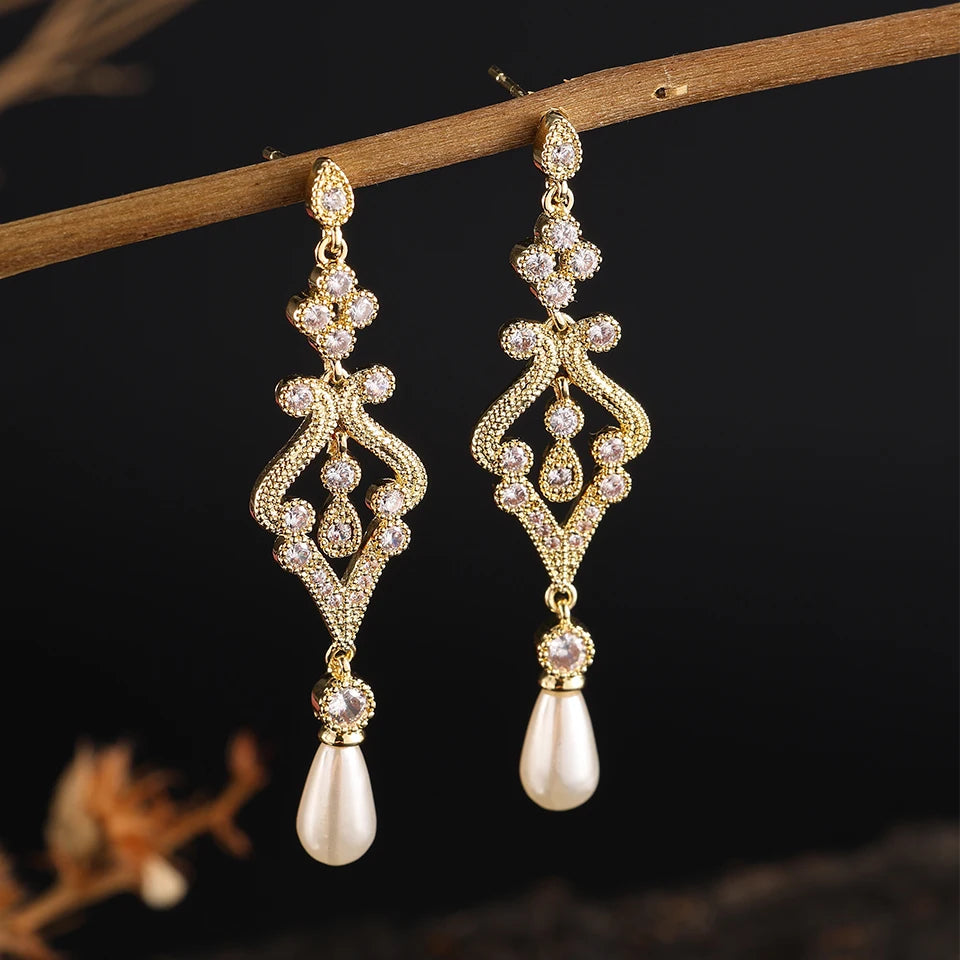 ZAKOL Elegant Simulated Pearl CZ Bridal Long Drop Earrings Fashion Engagement Wedding Jewelry Gifts for Women