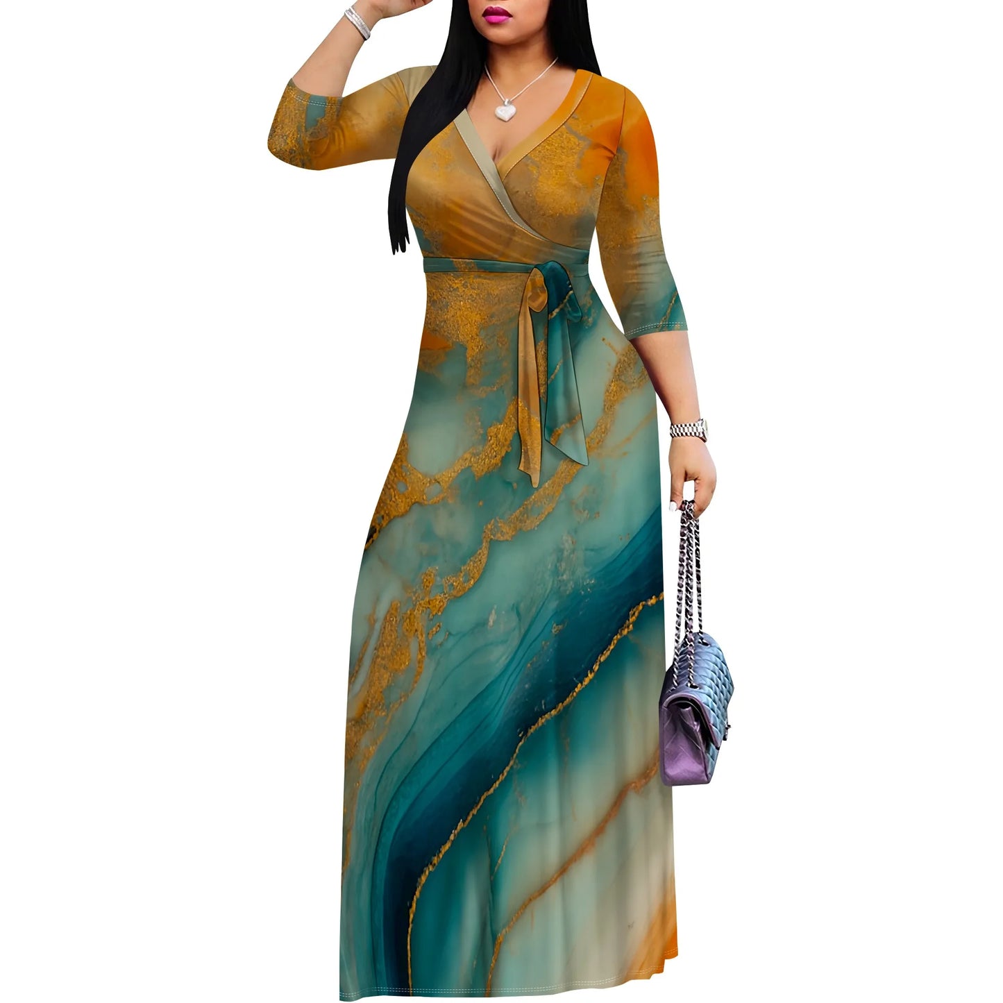 Marble Print Wrap Maxi Dress (S-3XL) – Elegant V-Neck Summer Dress for Wedding & Vacation | فستان ماكسي لف بنقشة الرخام (من S إلى 3XL) – تصميم أنيق برقبة V لصيف أنثوي للمناسبات والعطلات
