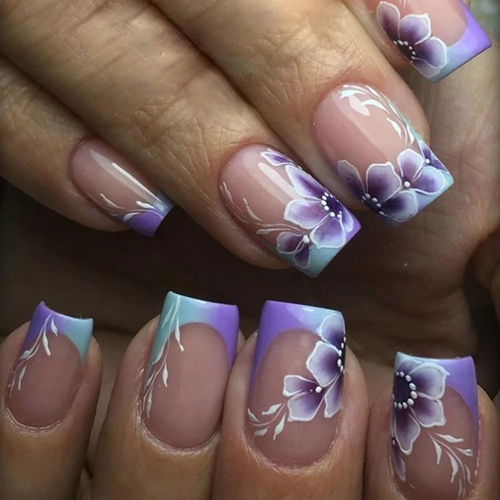 24Pcs Solid Black Short False Nails with Rose Pattern Design Ballerina Square Artificial Full Cover Press on Nail Tips for Girls
