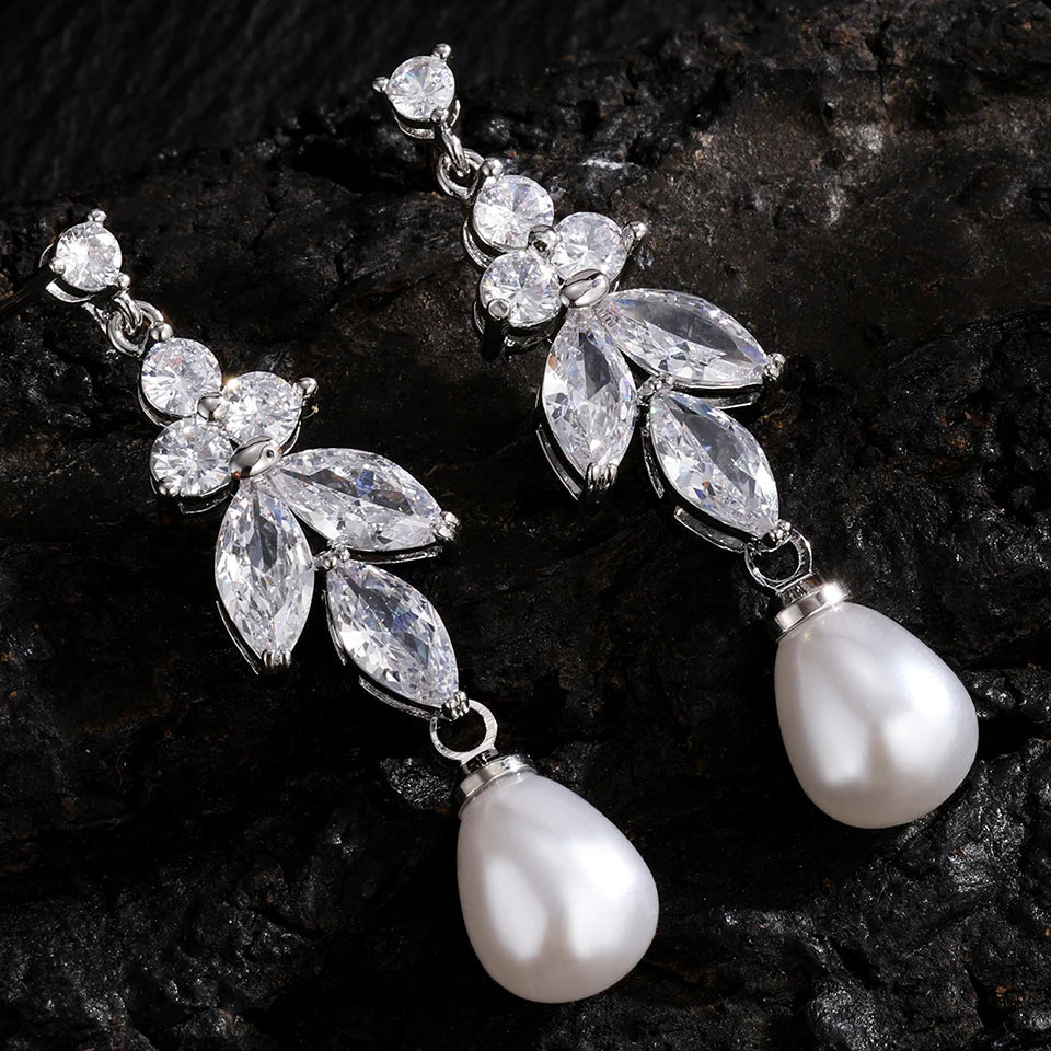 ZAKOL Luxury Teardrop Imitation Pearl Bridal Earring for Women Elegant AAA Cubic Zirconia Earring Wedding Accessories