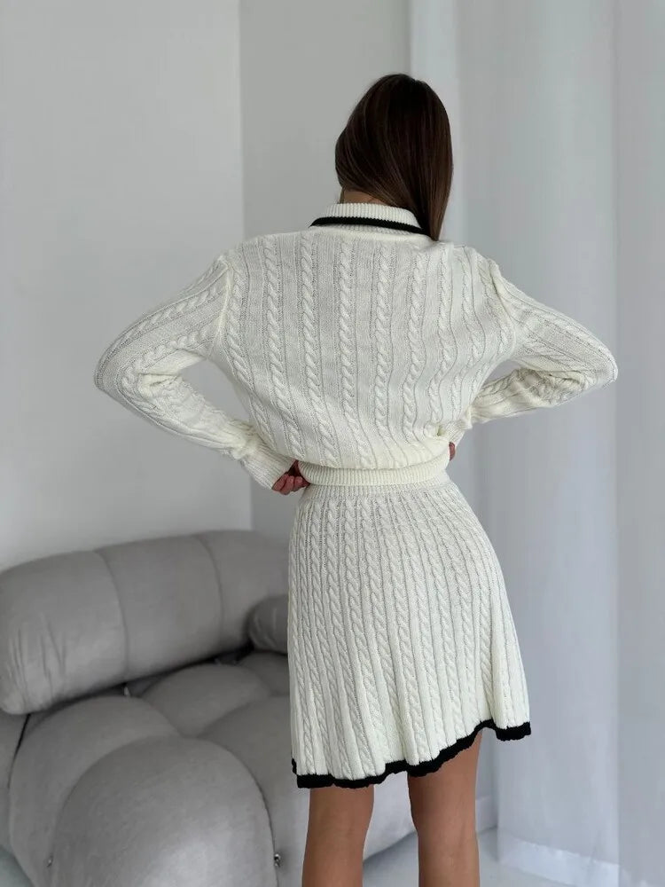 BKLD 2026 New Casual Skirt Sets Long Sleeve Tops Knitted Button Sweater And Mini Skirts Two Piece Sets Clothes For Women