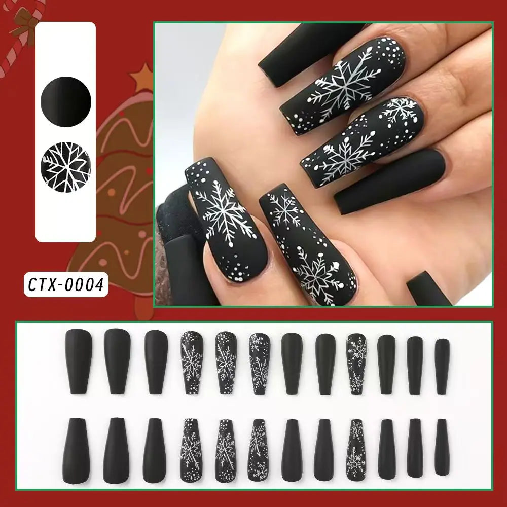 24Pcs Glitter powder French Christmas Fake Nails Almond Full Cover False Nails Snowflake with Bowknot Rhinestone Press On Nails