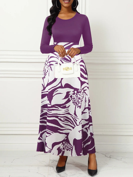 Printed Long Sleeve A-Line Maxi Dress – Elegant Purple 2026
