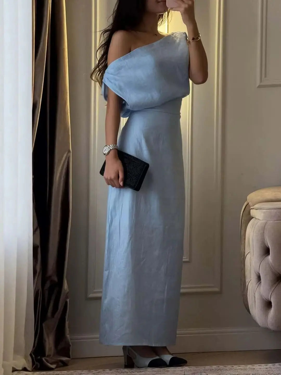 Elegant Solid One Shoulder Dresses Lady Skew Collar Waist-cinching Sleeveless Long Dress 2026 Women New Party Club Gowns