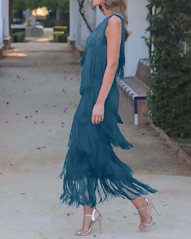 BKLD Solid Color 2026 Spring Summer New Fashion Tassel One Shoulder Sleeveless Asymmetric Dress Clothes For Women Evening Dress