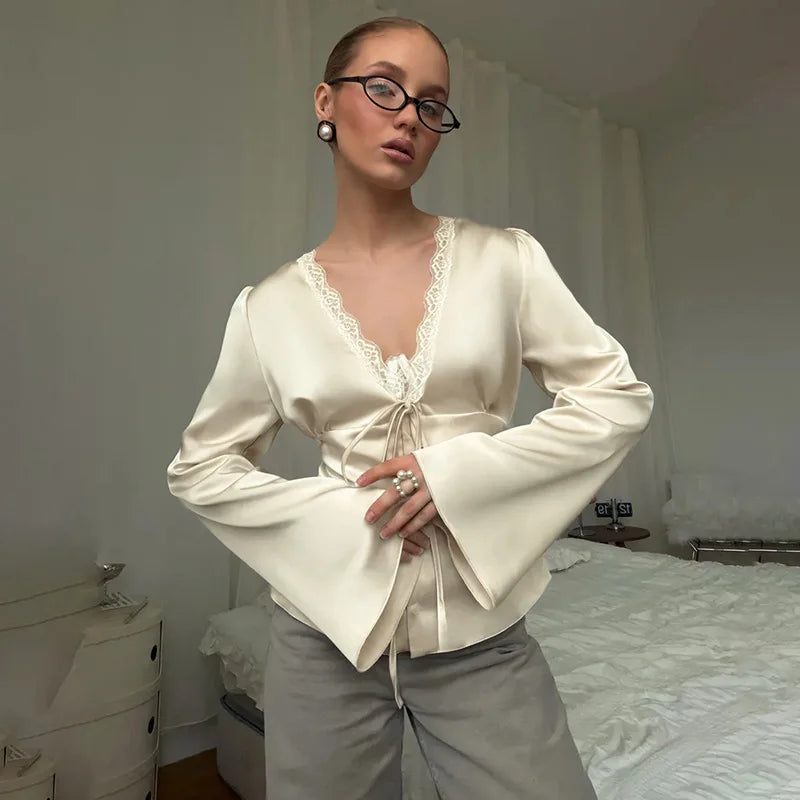 Vintage Lace Patchwork Satin Shirts Women Lace Up Long Sleeve Slim V-Neck Romantic Tops Female Spring Autumn Commute Streetwear