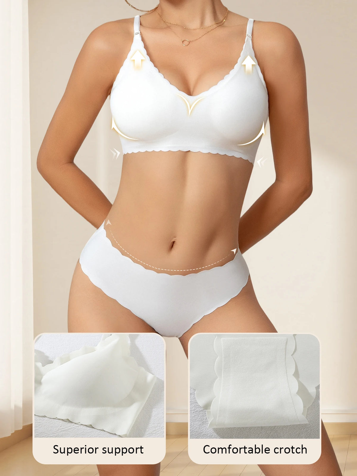 1 Set Solid Color Seamless Bra Panties Women Underwear Set Soft Breathable Removable Padding Ruffled Bralette Ultra-thin Briefs