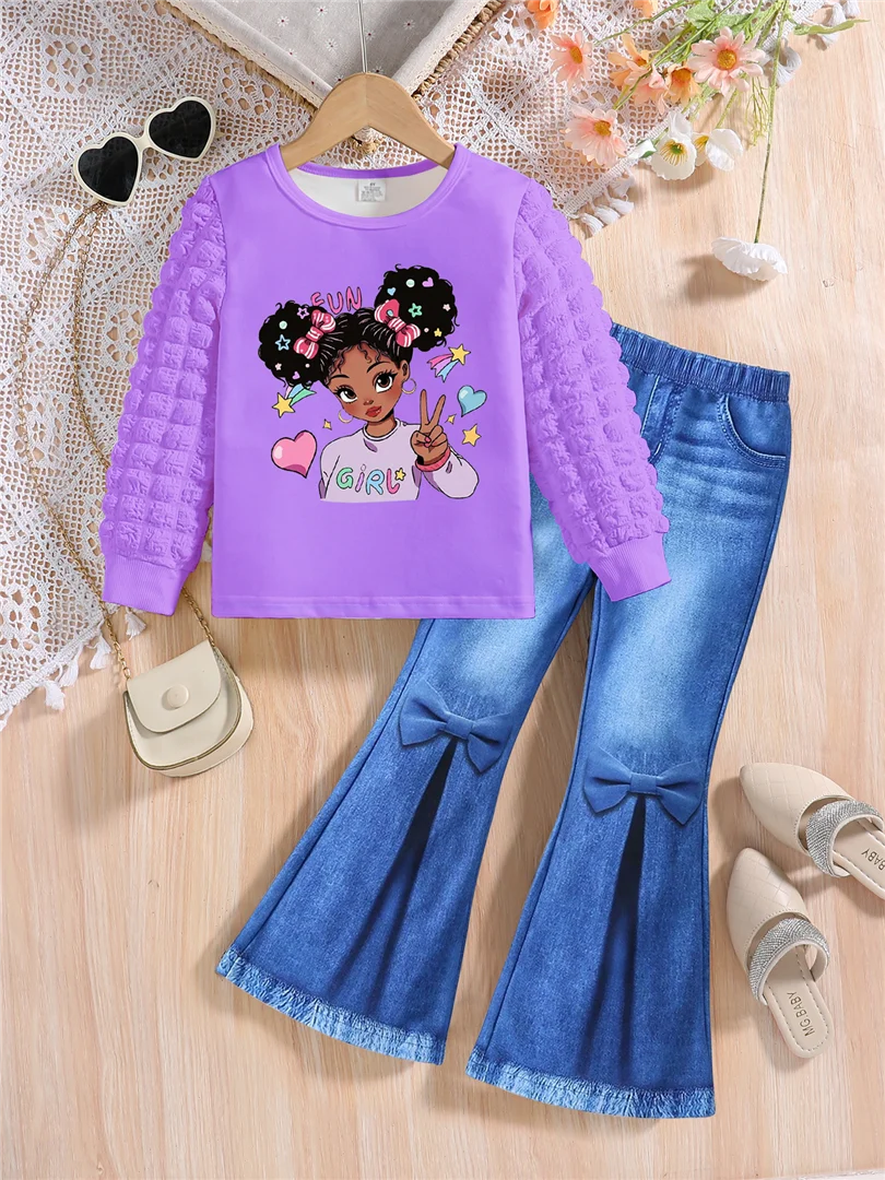 Girls’ Spring & Autumn Fashion Set – Cartoon Top & Slim Pants