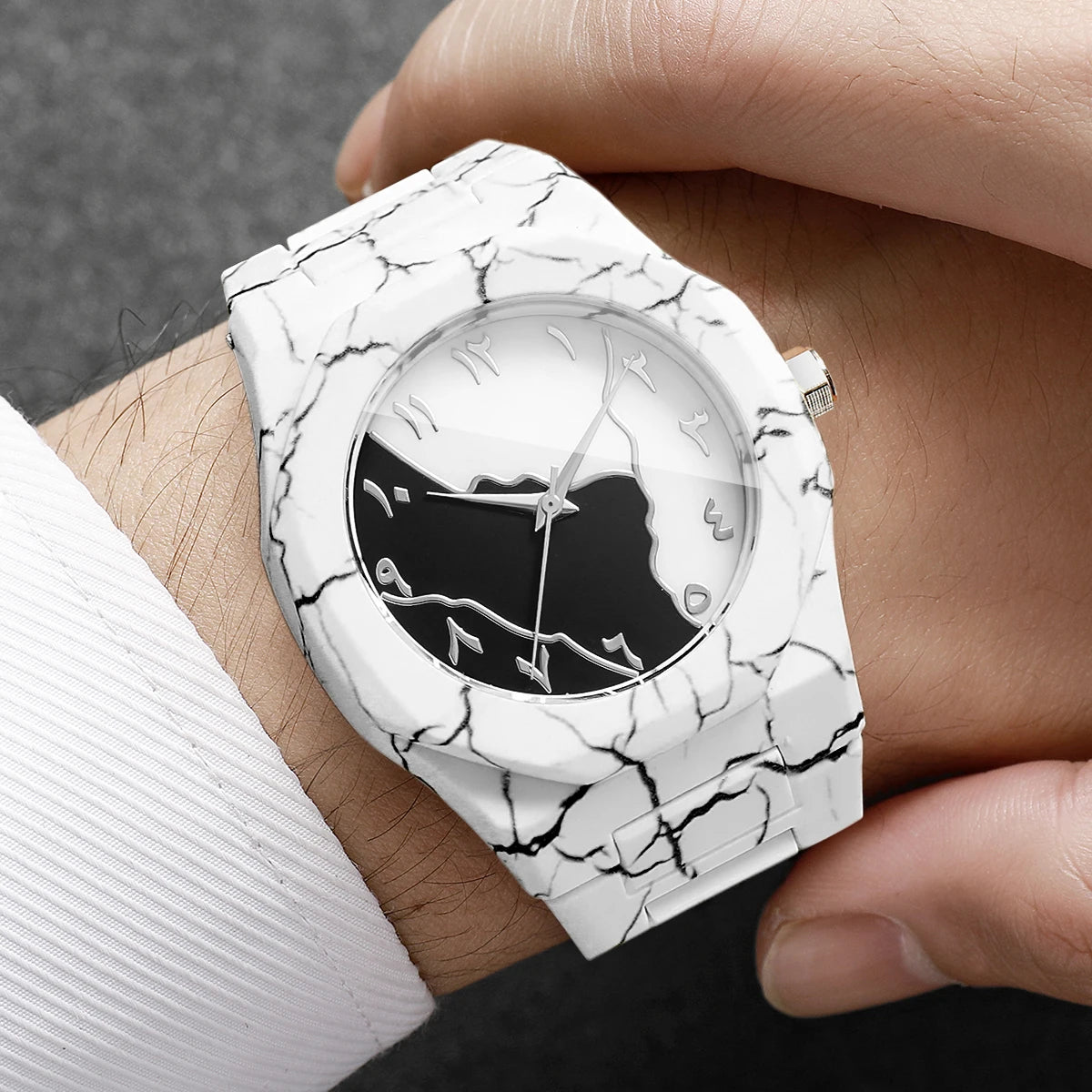 Fashion Marble Texture Men Quartz Watch Casual Arabic Dial Plastic Strap Unisex Wristwatches Relogio Masculino（Without Box）