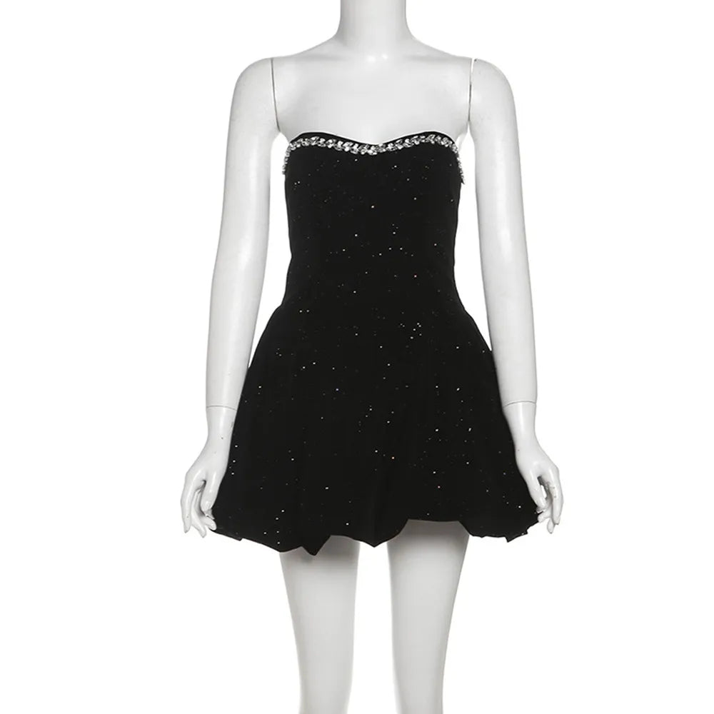 BKLD 2026 Winter New Women Clothing Elegant Fashion Strapless Sequin Diamonds Patchwork A-Line Puffy Dress Party Clubwear