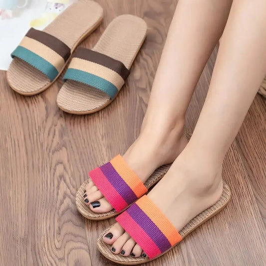 Summer Linen Flat Slippers for Women – Lightweight EVA Home Sandals | شباشب صيفية من الكتان للنساء – صنادل منزلية خفيفة من EVA