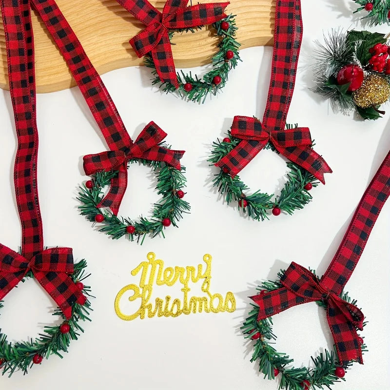 6pcs Christmas Kitchen Cabinet Wreaths with Ribbon, Mini Christmas Wreath Small Kitchen Xmas Decor for Window Door 