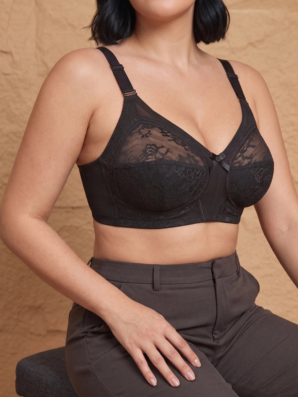 Women Plus Size Full Coverage Bra Floral Lace Sheer Anti Sagging Large Bust Comfortable Wireless Unlined Brassiere