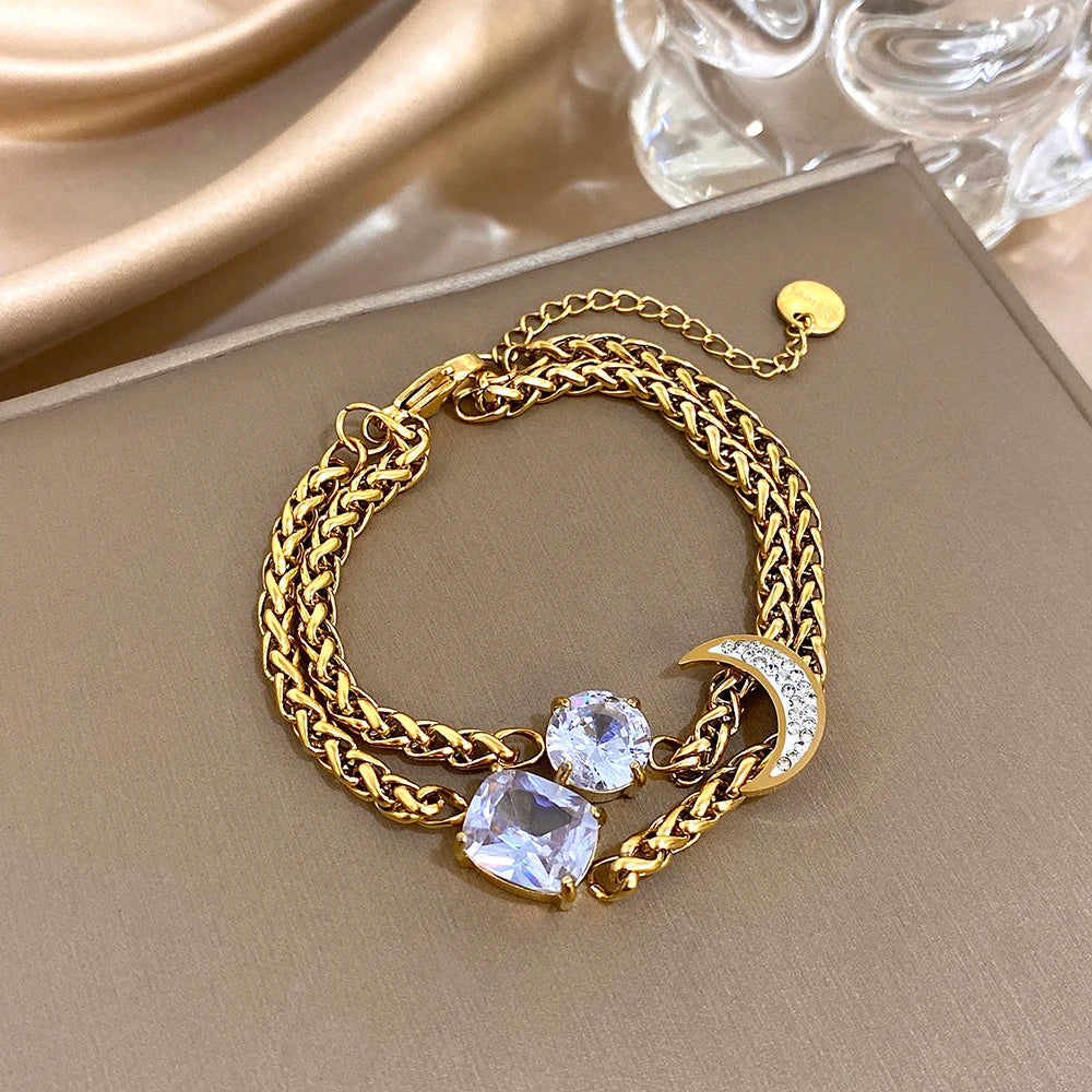 Flashbuy Women's Bracelet Golden Double Thick Chain Synthetic Zircon Geometric Moon Stainless Steel Bangle Statement Accessories