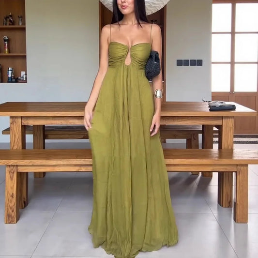 Sexy Hollow Out Strap Party Dress For Women Solid Sleeveless Backless Pleated Long Dress Female 2026 New Summer Beach Dresses
