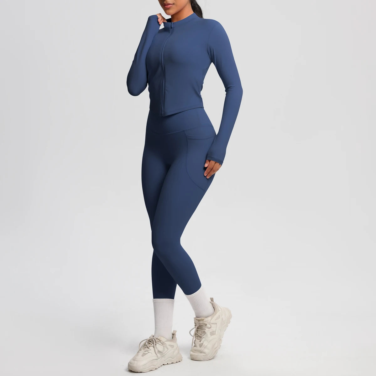 2PCS Yoga Suit Women Gym Set Leggings With Pocketed Women Tracksuit Running Zipper Workout Sportswear Long Sleeve Sports Shirt