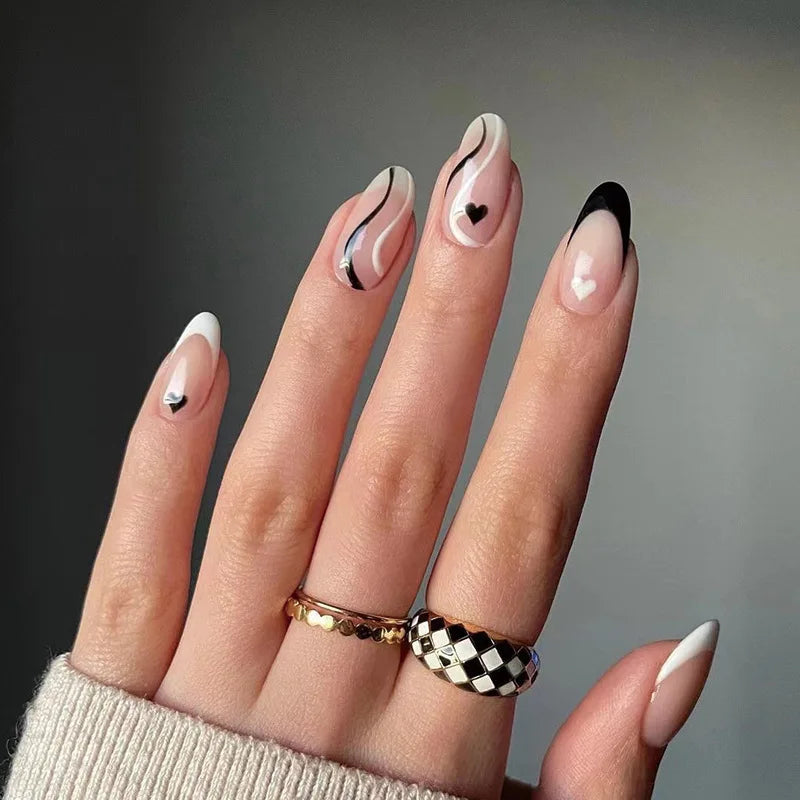 24Pcs Simple Green French False Nails Short Almond Fake Nails with Wave Line Design Wearable Round Head Press on Nail Tips