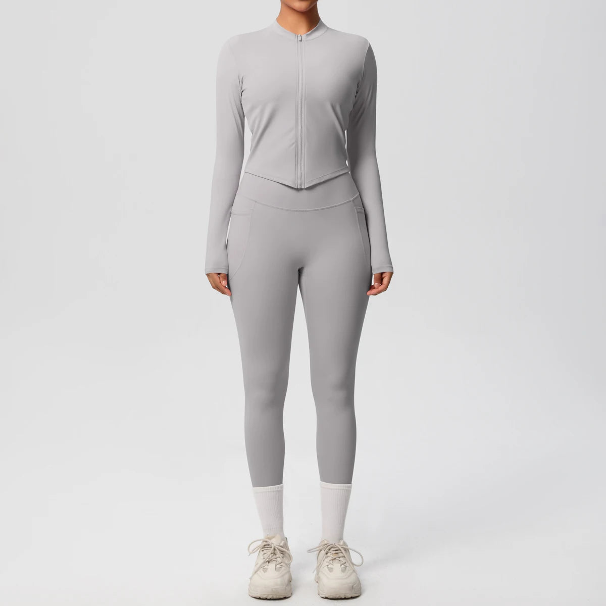 2PCS Yoga Suit Women Gym Set Leggings With Pocketed Women Tracksuit Running Zipper Workout Sportswear Long Sleeve Sports Shirt