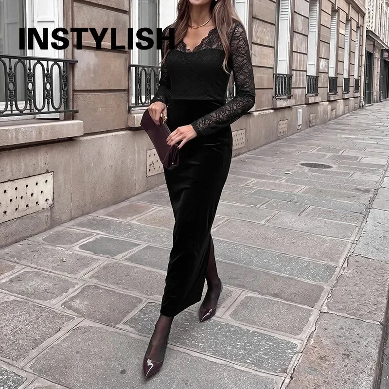 Women Velvet Maxi Dress Long Sleeve V Neck Lace Patchwork Bodycon Long Dress Elegant Evening Party Nightclub Slim Fit Dress
