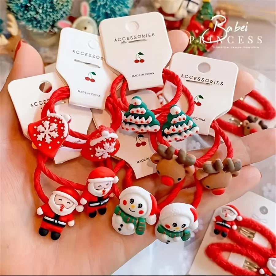 10pcs Cute Cartoon Hair Rings for Christmas with Christmas Tree and Reindeer Santa Decorations, Festive Hair Decoration