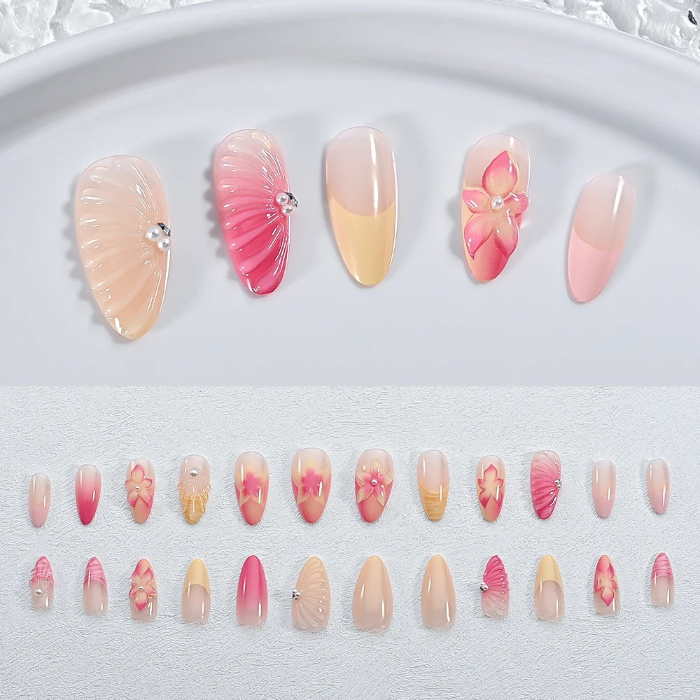 24pcs Mid-length Almond Wearable Press on Nails Gradient Pink Flower Pearl Design False Nails French Petal Fake Nails Tips